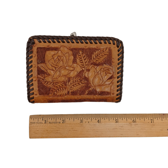 VTG Ladies Hand Tooled Leather Clutch Wallet Coin Purse Rose Design 5"x3.75"x1" - Picture 8 of 10